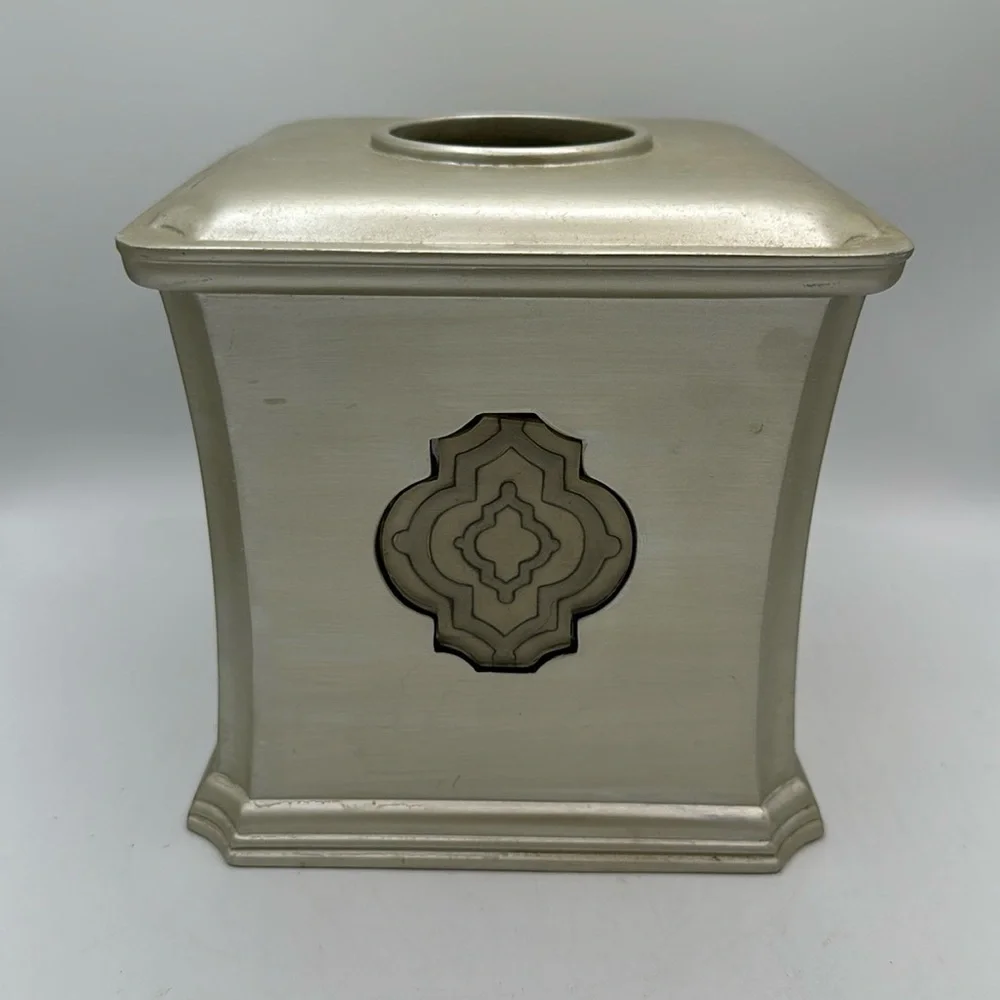 Three-piece bathroom set: tissue cover, toothbrush holder, and soap dispenser